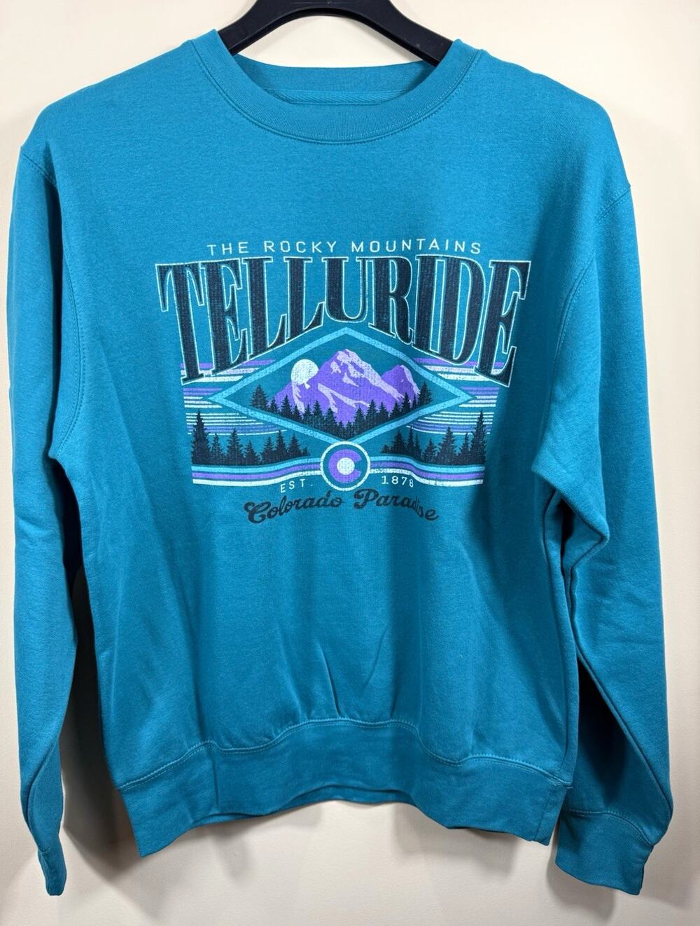Blue 84 Telluride Colorado Rocky Mountains Crewneck Sweatshirt Teal Unisex L